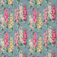Hollyhocks Fabric - Teal/Ruby