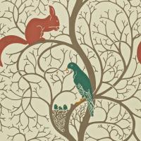 Squirrel and Dove Wallpaper - Teal/Red